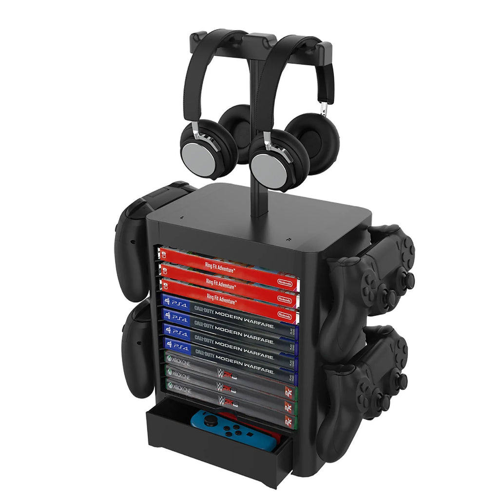 Black gaming console storage rack holding controllers headphones and game accessories