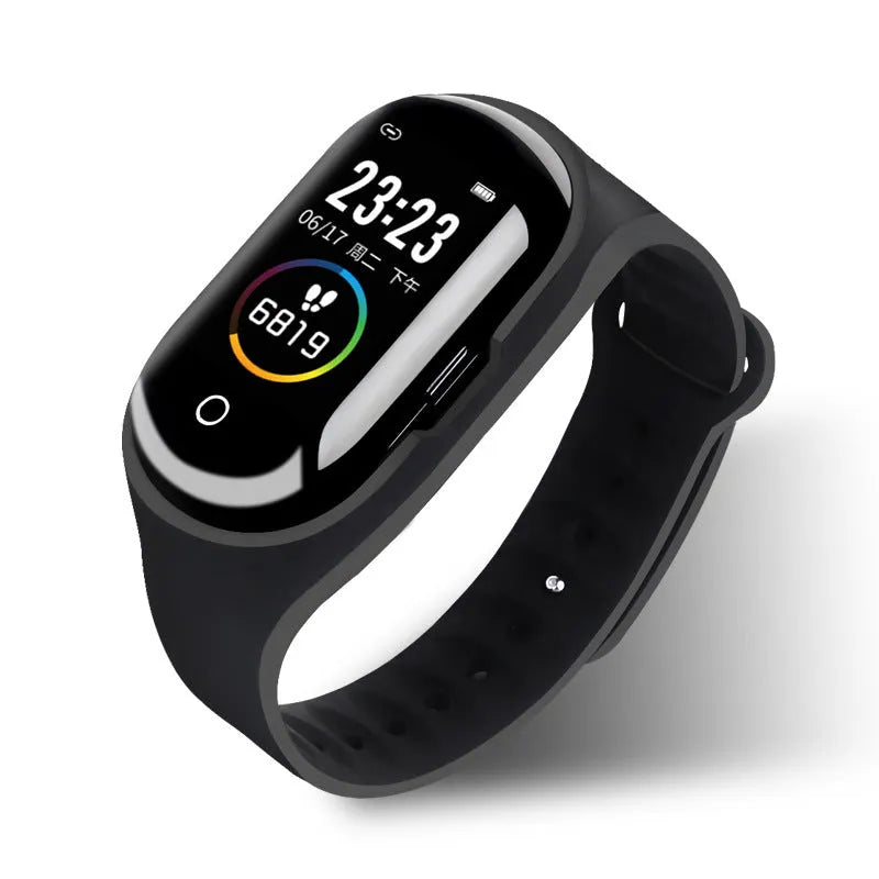 Smart bracelet earphone combo wearable device with 1 inch screen shown in blue, black, and red colour options