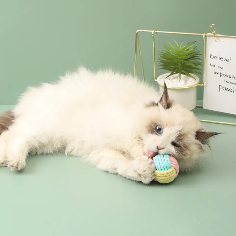 Handmade blue powder and green cat hair ball plush cotton toy for pet teeth grinding.