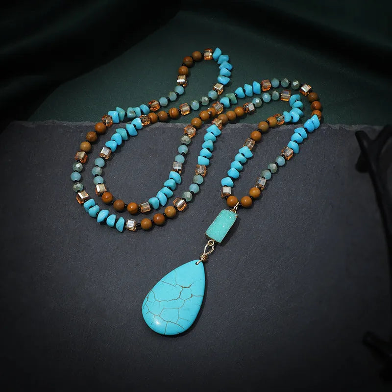 Blue turquoise water drop pendant necklace with heart-shaped gem inlay on ball bead chain