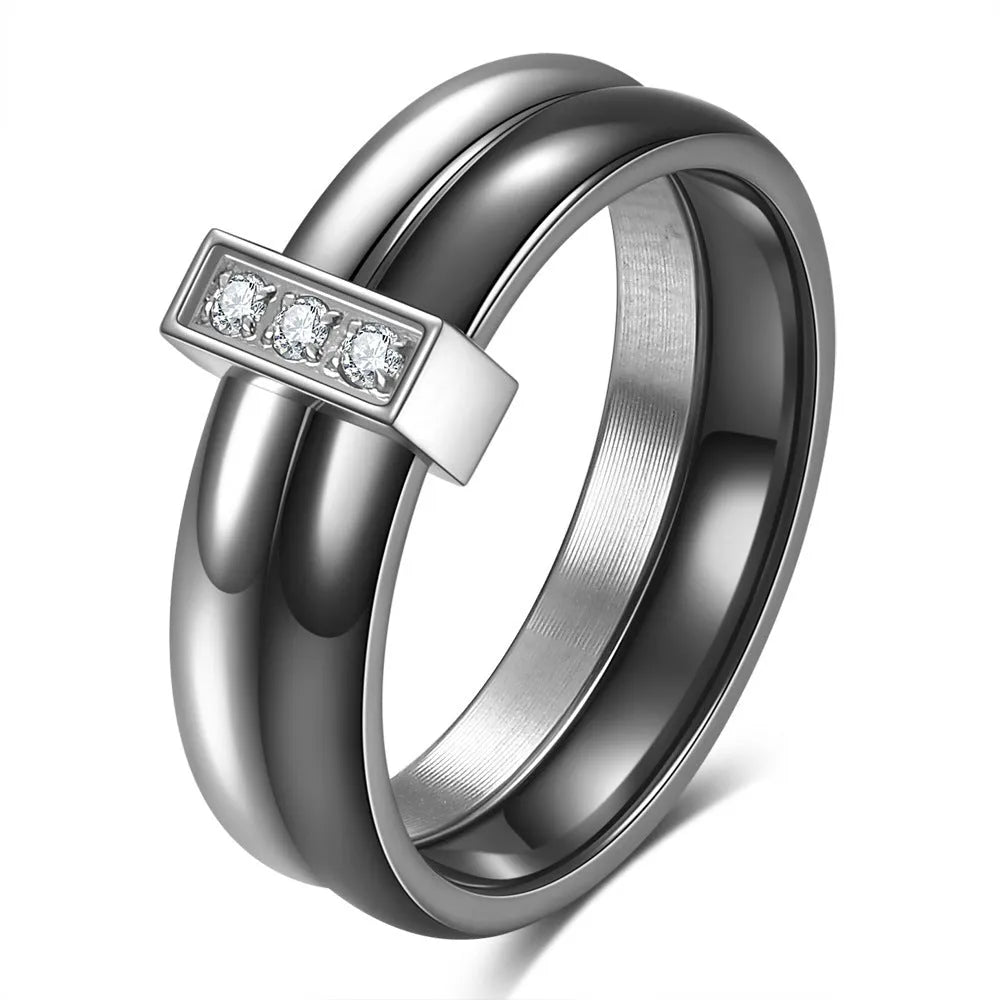 Women's ceramic geometric ring with zirconium inlay and glossy stitching in steel black finish