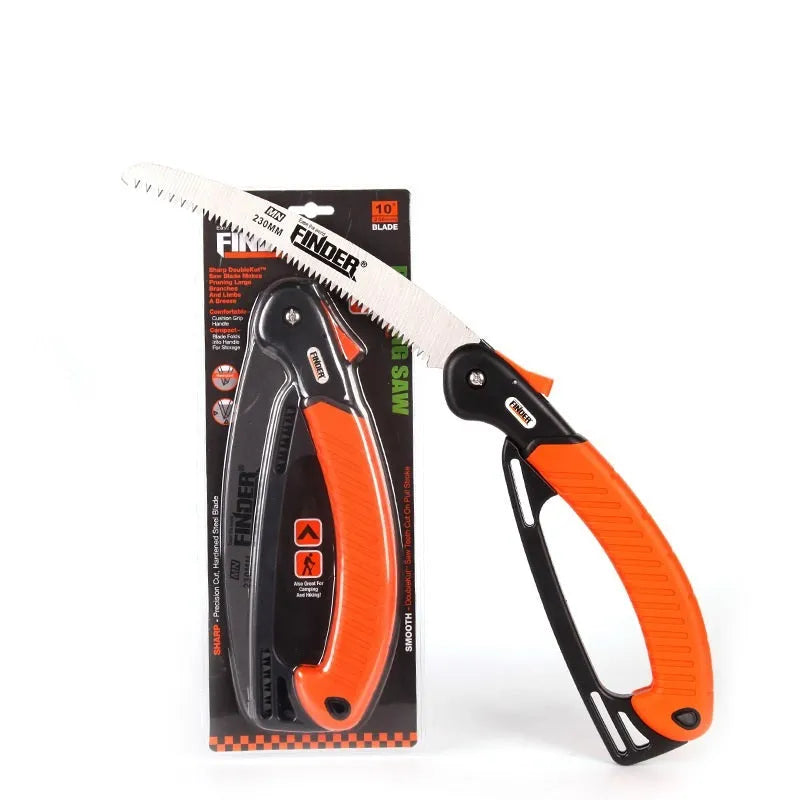 A folded and unfolded view of a 9-inch garden saw with a TPR grip and 65MN steel blade.