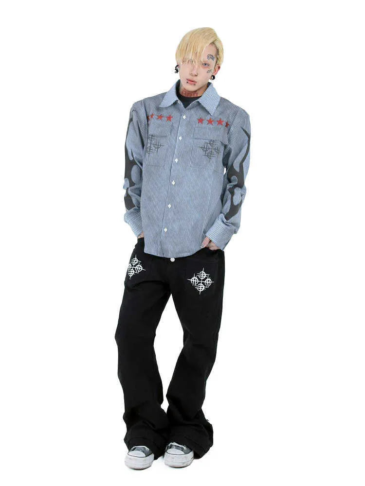 Washed blue striped casual shirt with lapel collar and long sleeves on mannequin