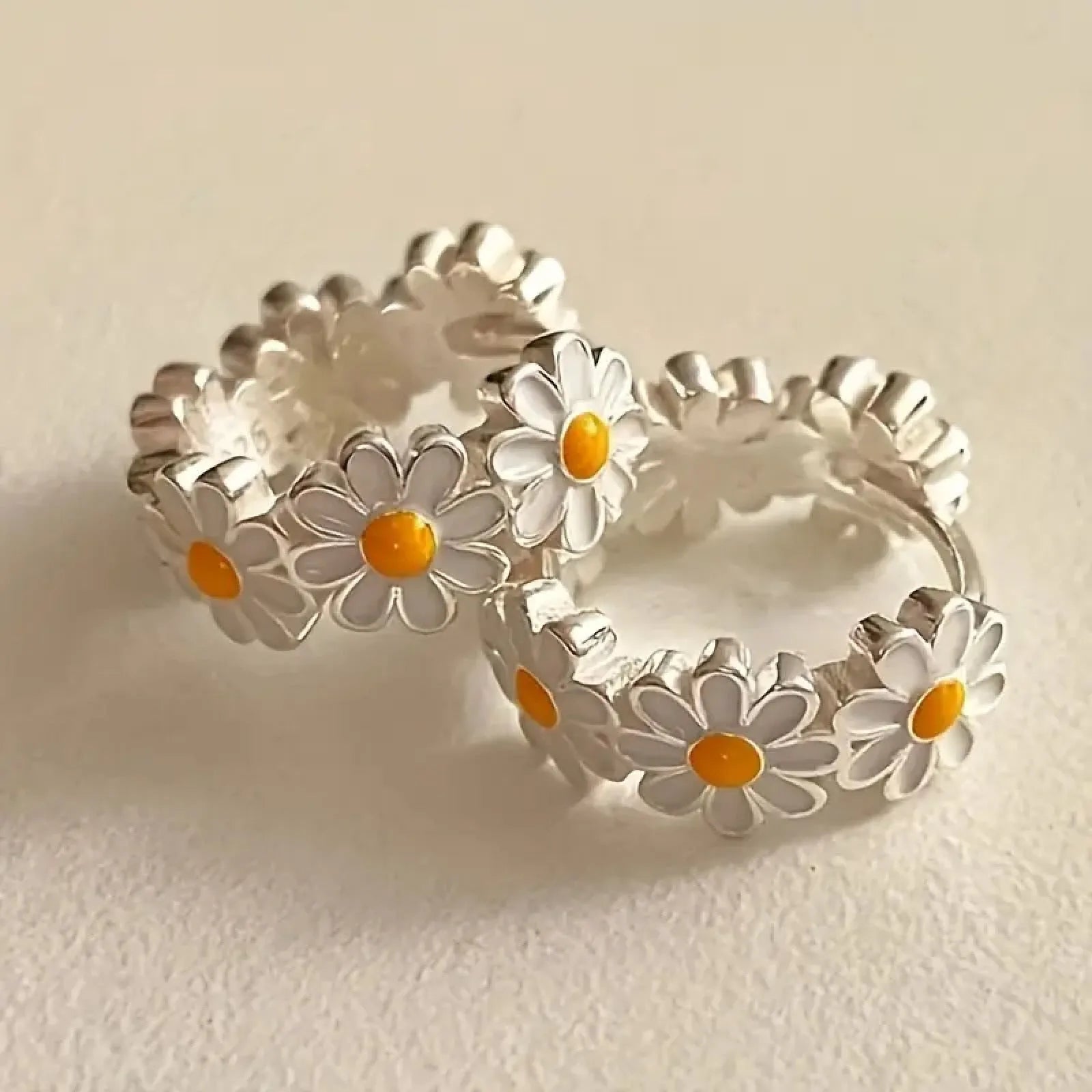 White daisy flower ring earrings with electroplated copper construction and gemstone accents