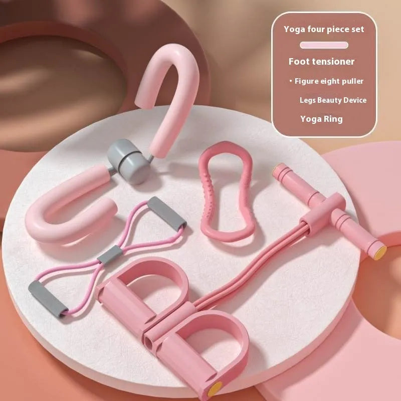 Yoga four piece set showing leg stretcher, yoga ring, pedal device, and tension rope