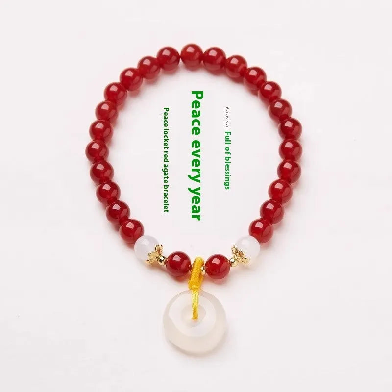 Handmade natural stone bracelet with safety buckle featuring 6mm agate and strawberry quartz beads