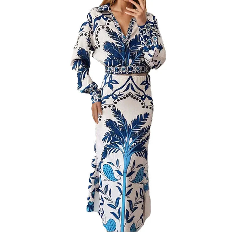 Women's floral print casual set with long sleeve top and long matching skirt.