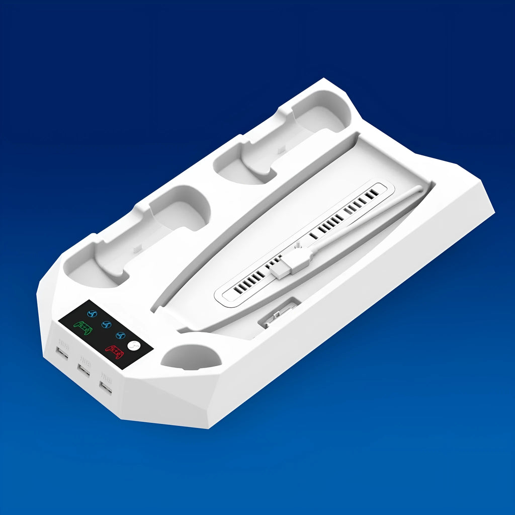 White PS5 charging stand with console upright, DualSense handle docked, and headset on hook.