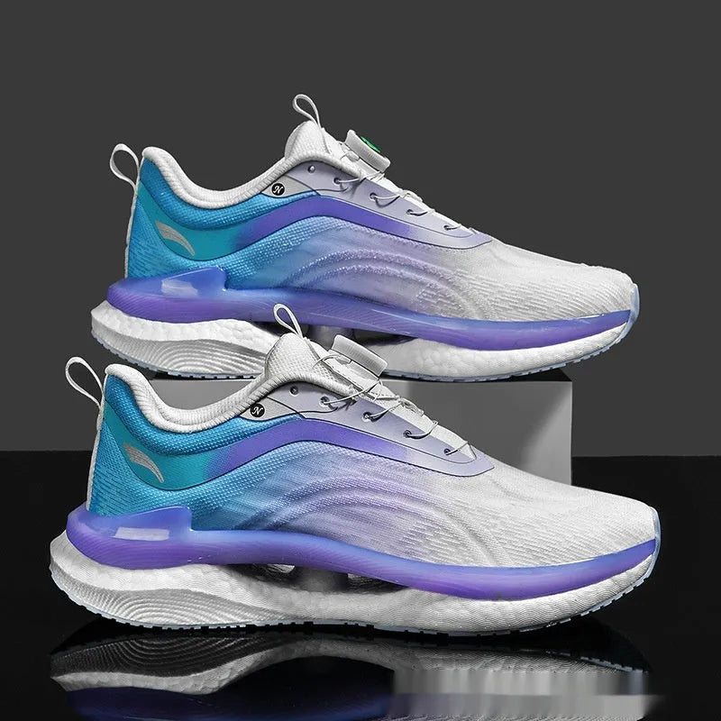Men's high top breathable mesh running shoes in cotton candy colour with buckle closure and composite sole.