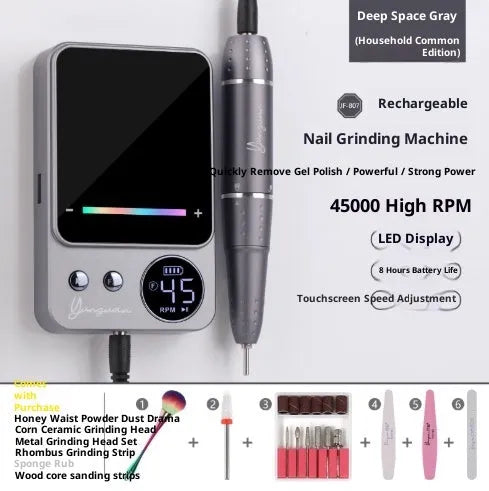 Rechargeable electric nail buffing machine with USB charging in dark gray and purple colours, standard and family versions