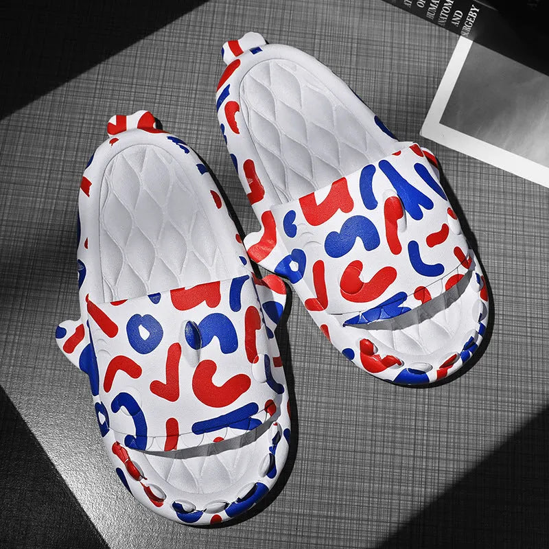 Shark design open-toe EVA home slippers for couples in beige, shown in a large size.