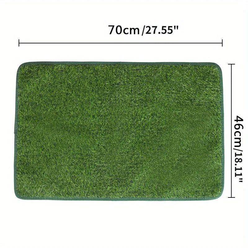 Artificial grass dog toilet training mat on a floor, shown in small, medium, and large sizes.