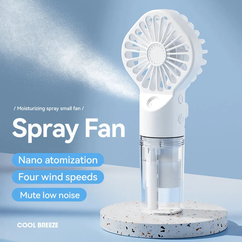 Portable handheld spray fan with transparent water tank and four-speed mist function in black colour