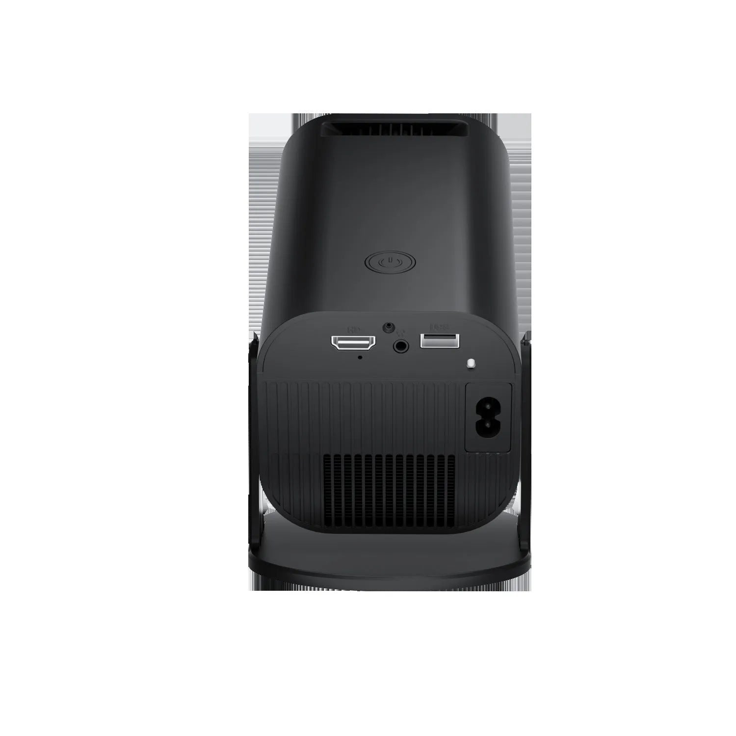 Black and white P330 portable mini projector with remote control on a table.