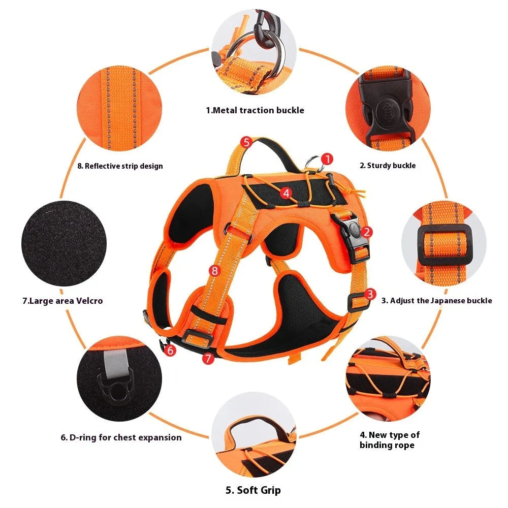Orange reflective dog harness with explosion-proof breast strap and black hand-holding rope laid flat