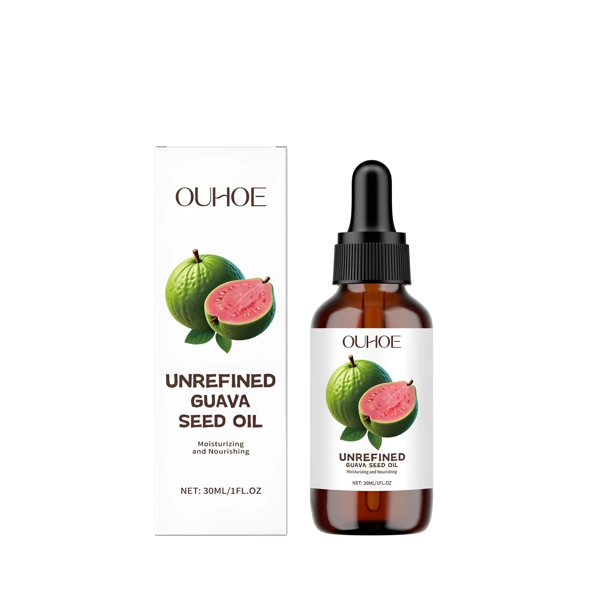 30ml amber glass bottle of guava seed facial oil with glycerin and antioxidant vitamins