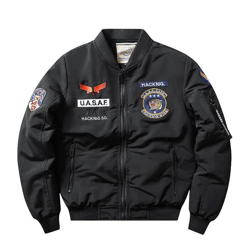 Man wearing a slim-fit black retro motorcycle cotton-padded coat with stand collar and embroidery