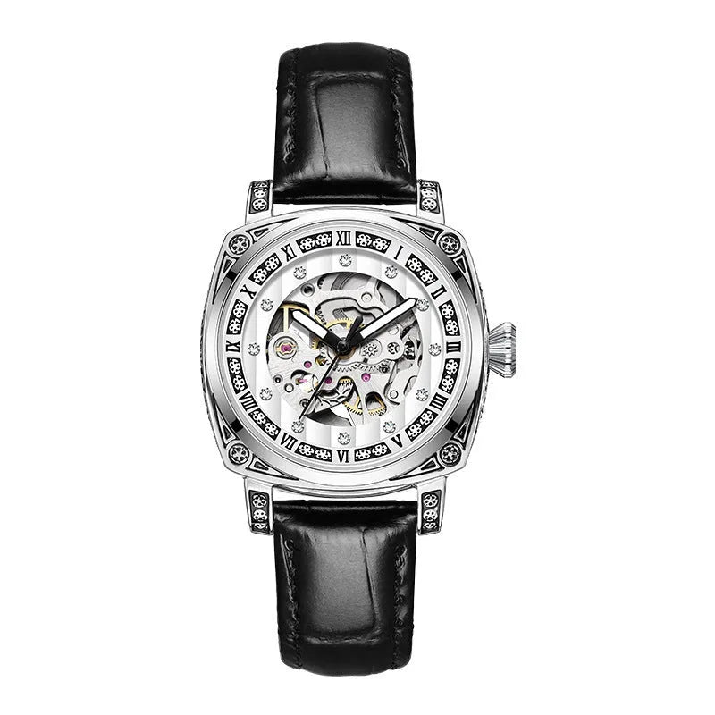 Men's mechanical wristwatch with luminous markers on leather strap