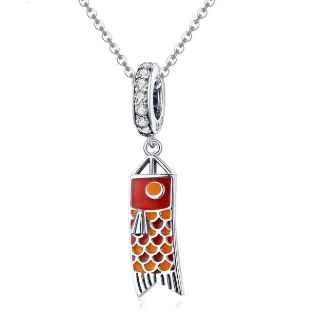 S925 sterling silver carp streamer pendant necklace with zircon stone accent