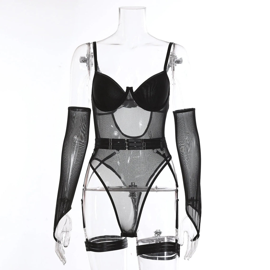 Transparent mesh jumpsuit for women in red colour showing full-body onesie design