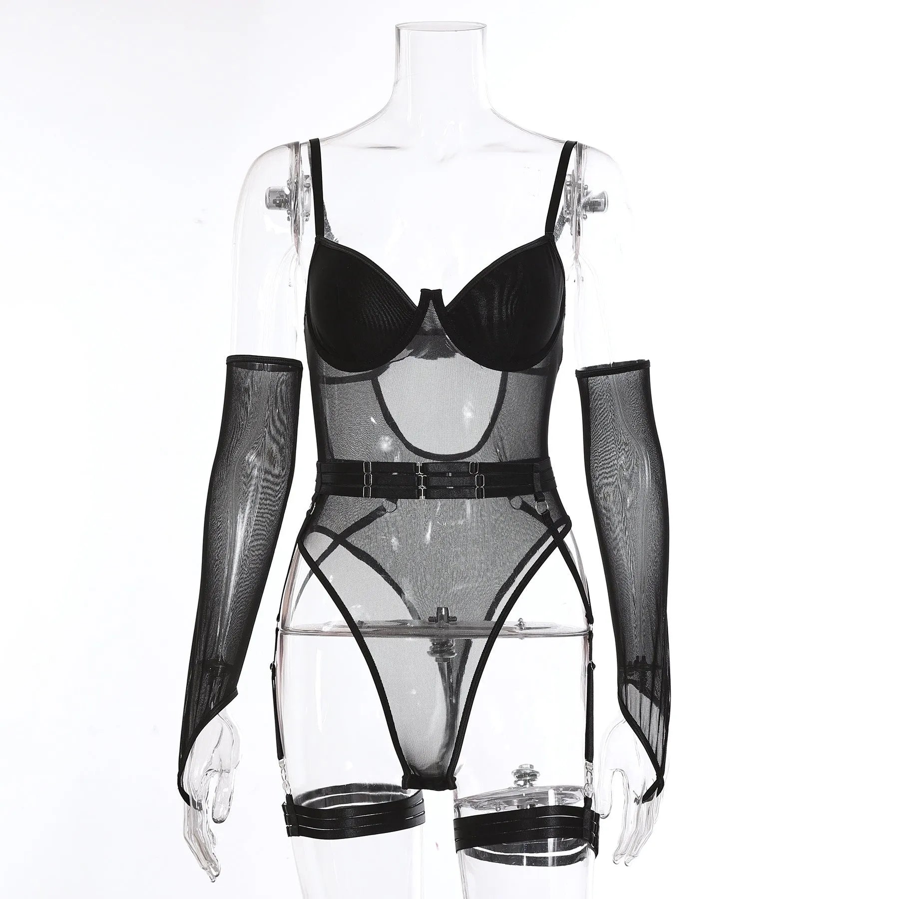 Transparent mesh jumpsuit for women in red colour showing full-body onesie design