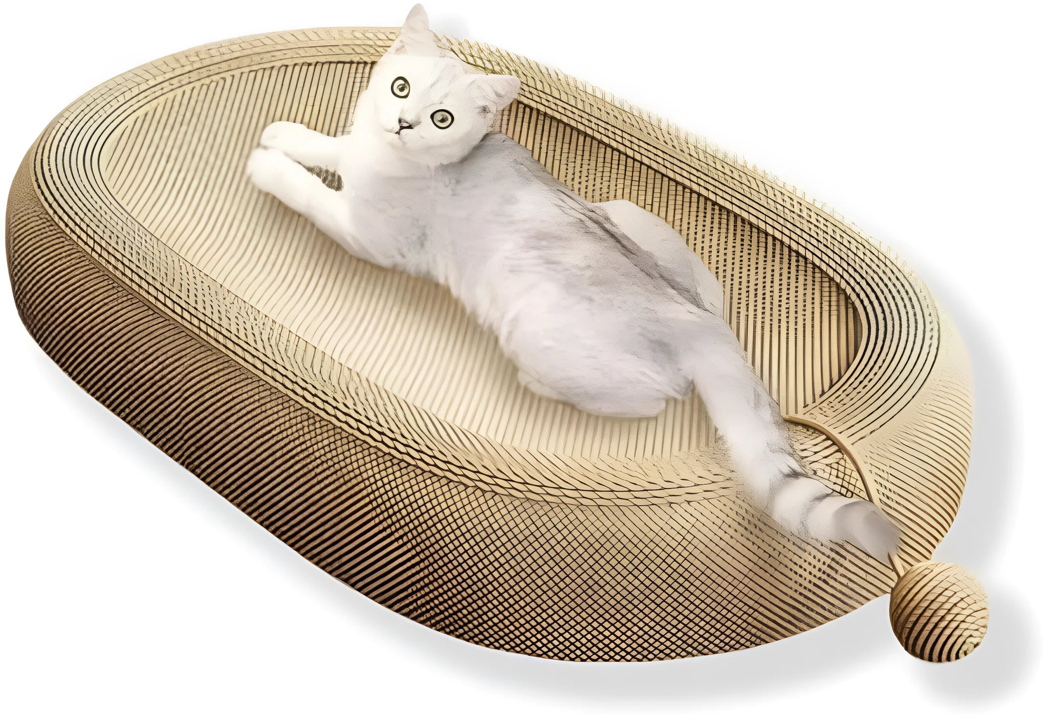 Large natural sisal cat scratching board with integrated lounging platform.