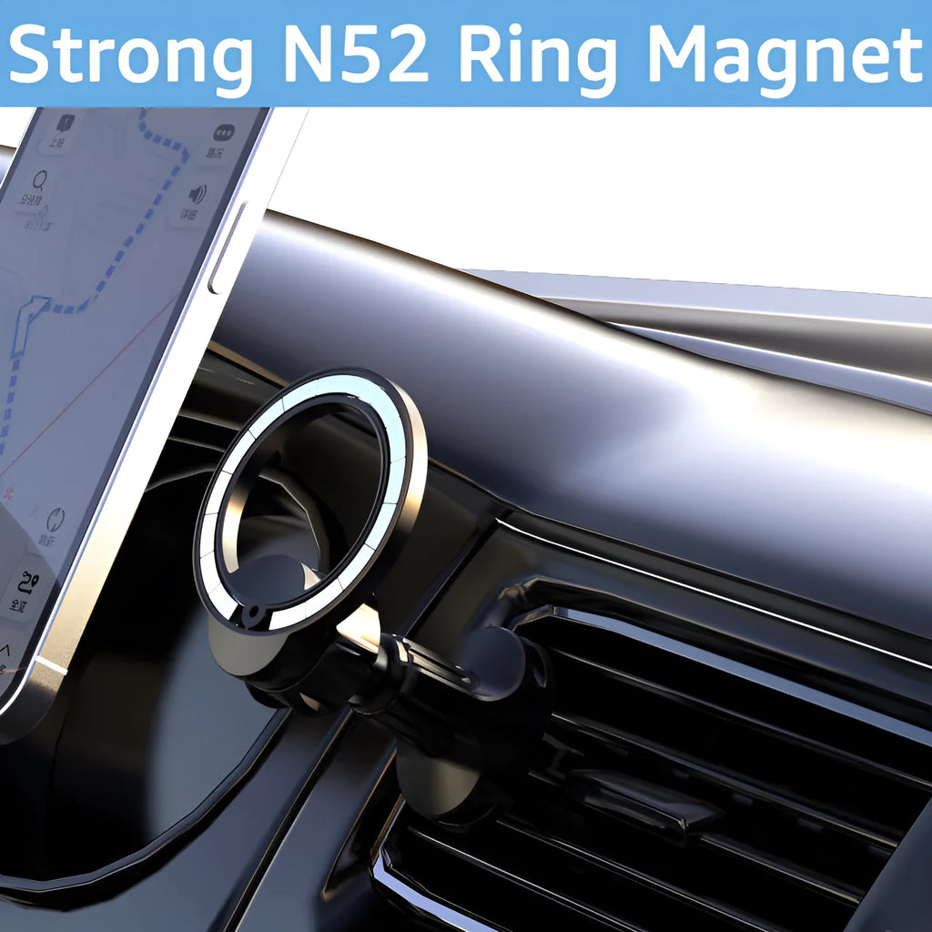 Black magnetic car air vent phone holder with O-ring bracket design for mobile devices
