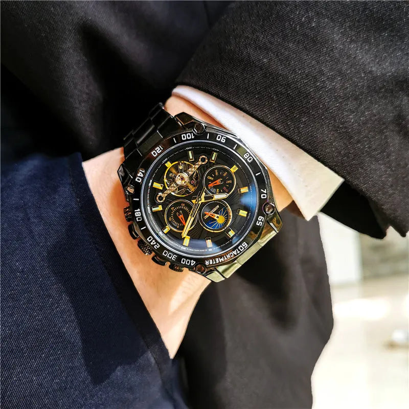 Men's automatic mechanical watch with silver case and black dial showing 12mm thickness