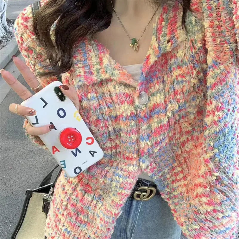 Rainbow pattern knitted cardigan in green or pink with slim fit and regular sleeves