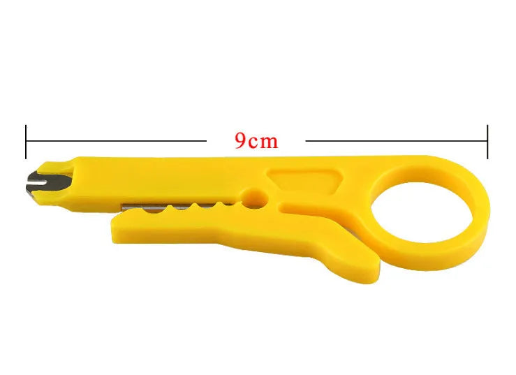 Yellow mini portable wire stripper tool with adjustable 0.6mm blade for network and telephone cables.