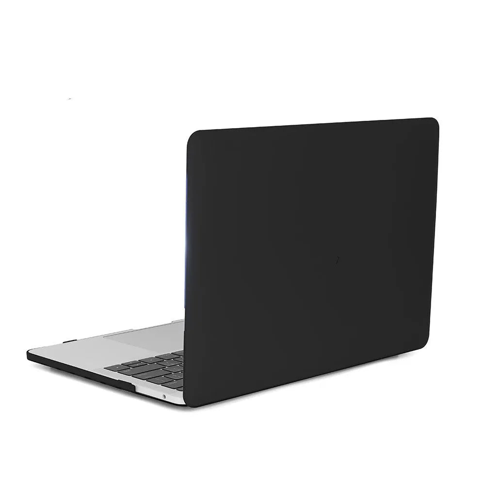 Frosted transparent black plastic protective case fitted on a MacBook Pro showing matte finish