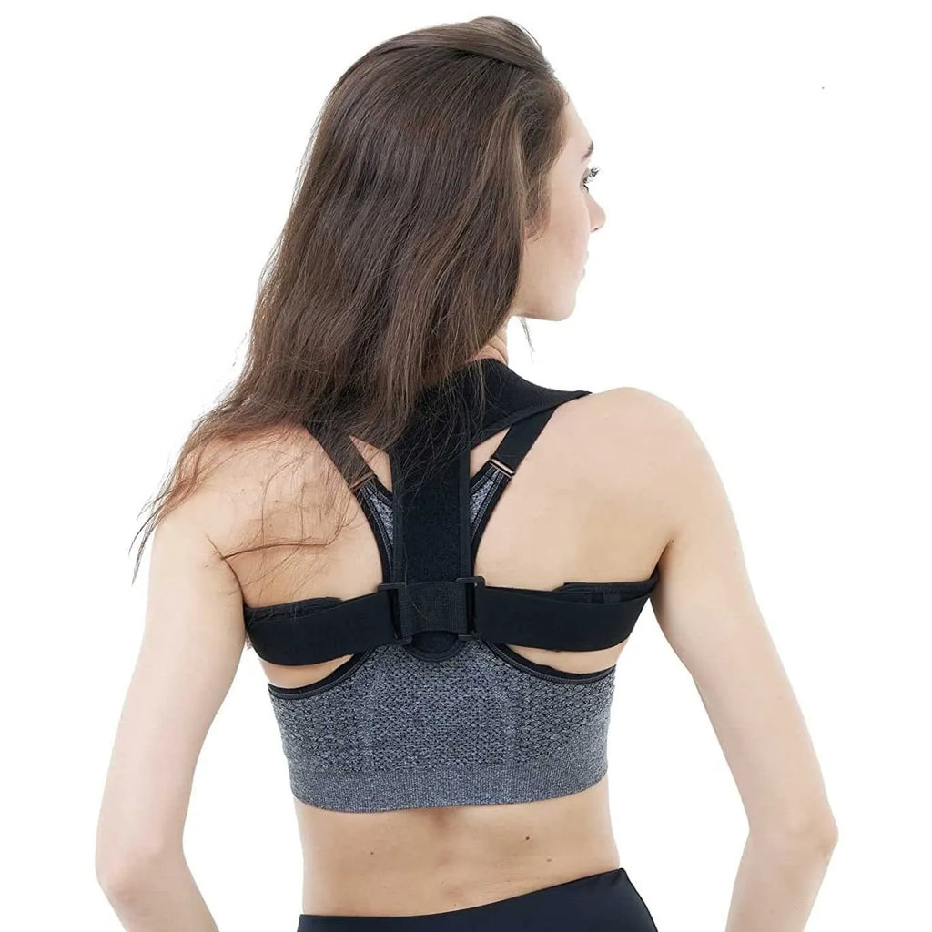 Black adjustable posture correction strap with hook fastening on mannequin torso