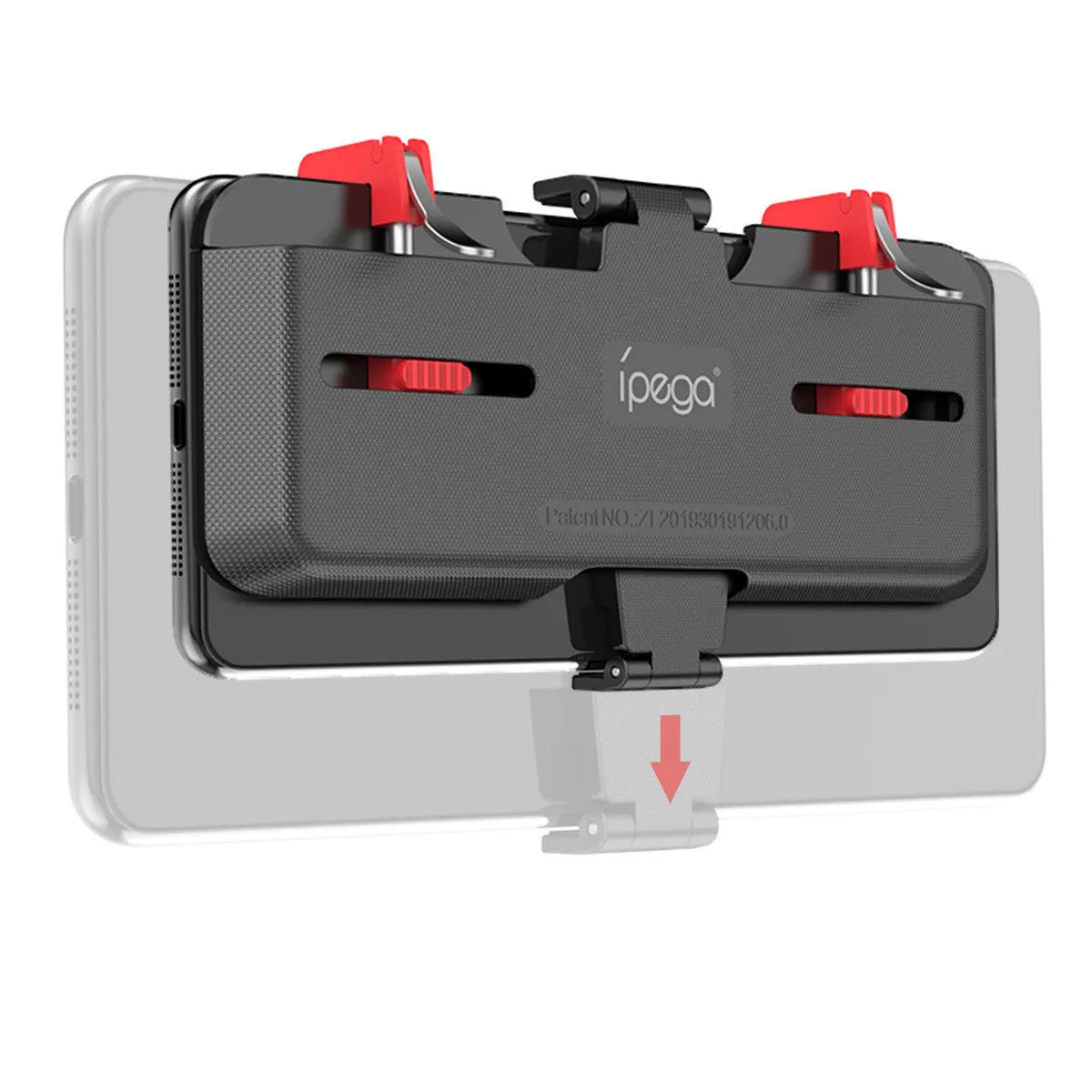 Black PG-9137 mobile phone gaming trigger handle showing the rear-mounted trigger and telescopic phone clip.