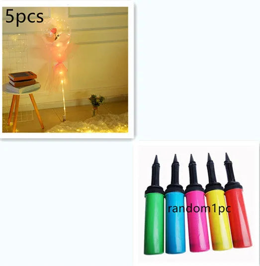 Transparent LED luminous balloon with artificial rose and built-in light, shown as a DIY bouquet kit.