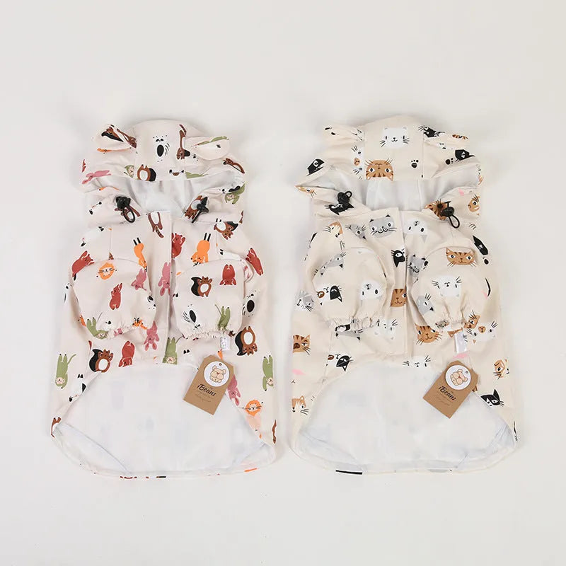 Beige cartoon dog raincoat with waterproof coating in small animal or cat head design