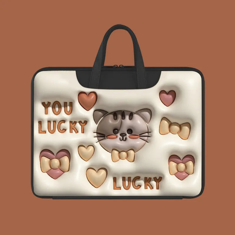 PU leather inflatable laptop bag with cartoon design, shown hanging from a suitcase handle.
