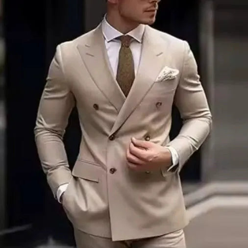 Men's grey Korean slim fit two-piece business suit with jacket and trousers