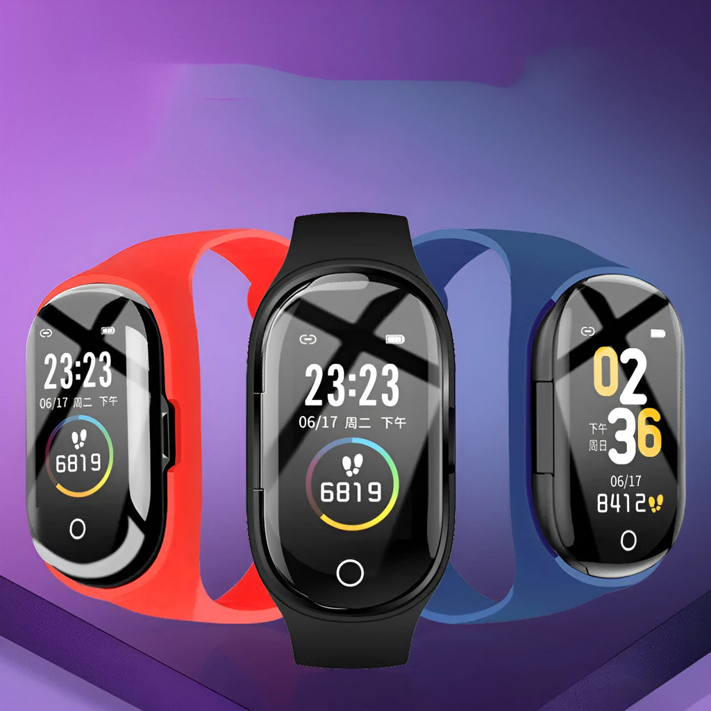 Smart bracelet earphone combo wearable device with 1 inch screen shown in blue, black, and red colour options