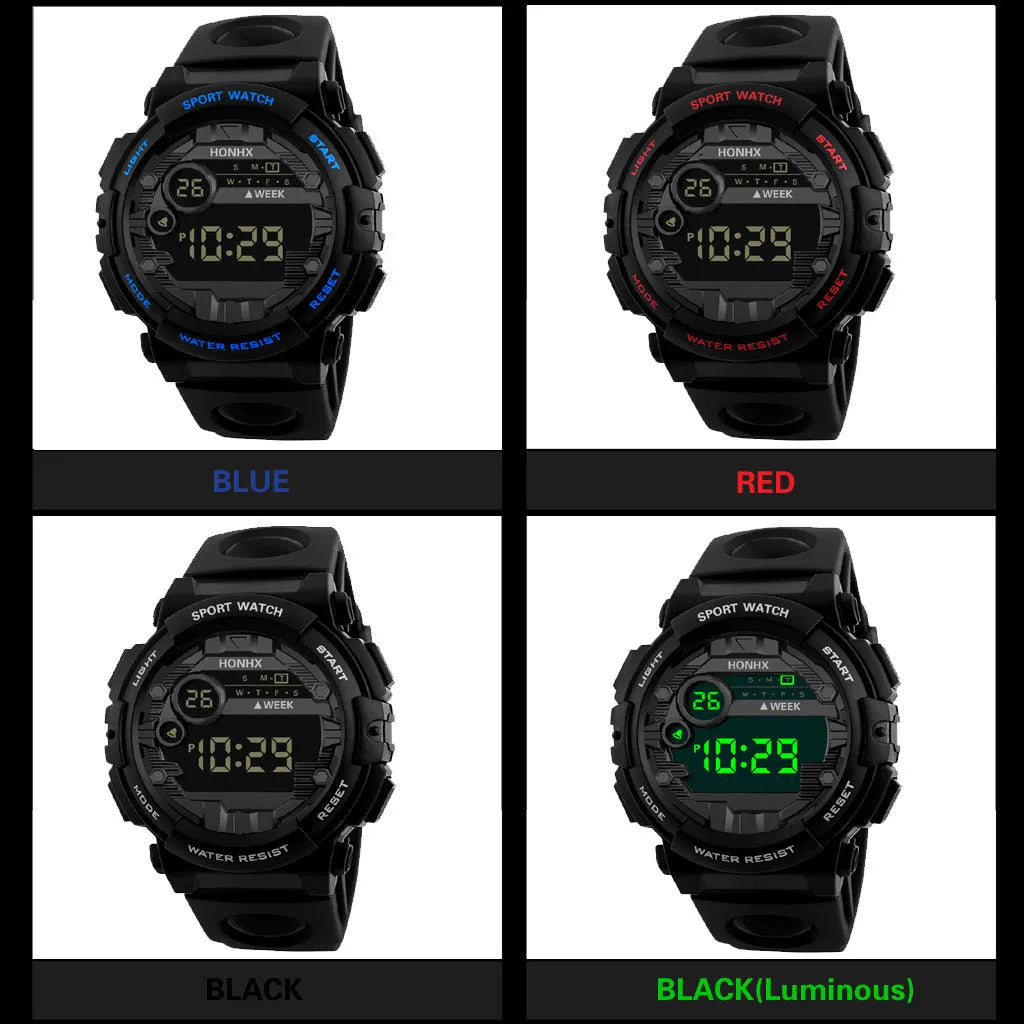Digital electronic watch for boys and girls with LED display, round resin case, PU strap, black colour option