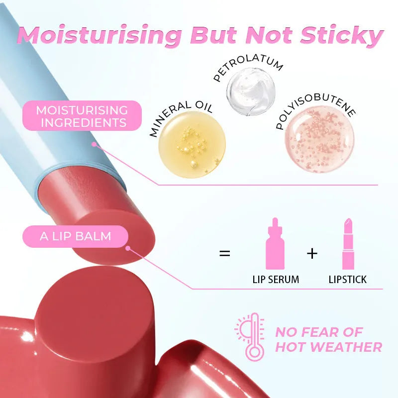 Waterproof moisturising lipstick in a case, showing one of six available colour shades.