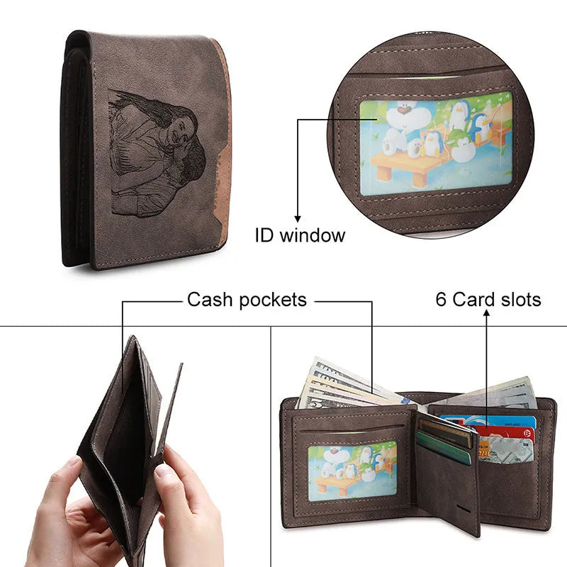 Coffee colour engraved horizontal short wallet with custom lettering on PU leather