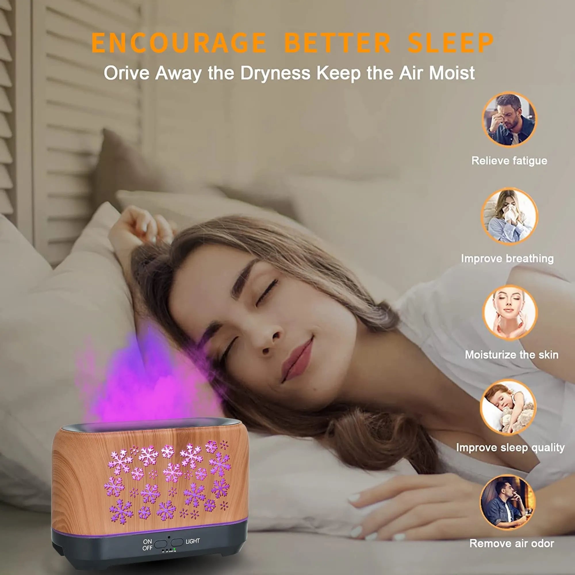 Colourful snowflake pattern aromatherapy humidifier with glowing flame effect and remote control on a desktop.