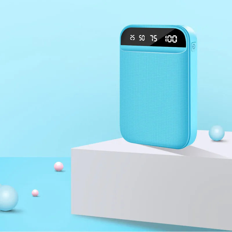 Compact mini power bank in choice of colours showing multi USB ports and small size.