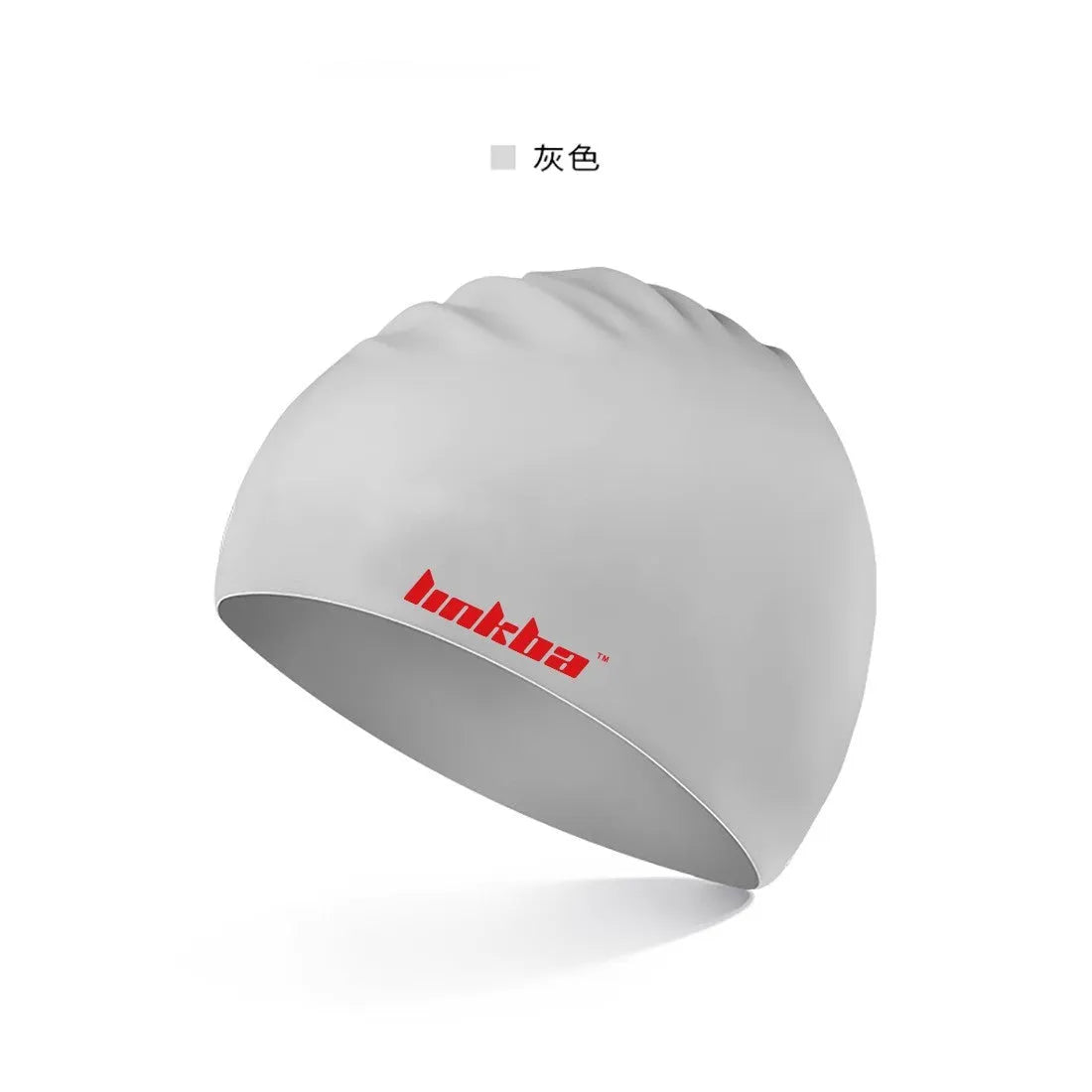 Silicone swimming cap with waterproof earmuffs in multiple colours on a blue background.