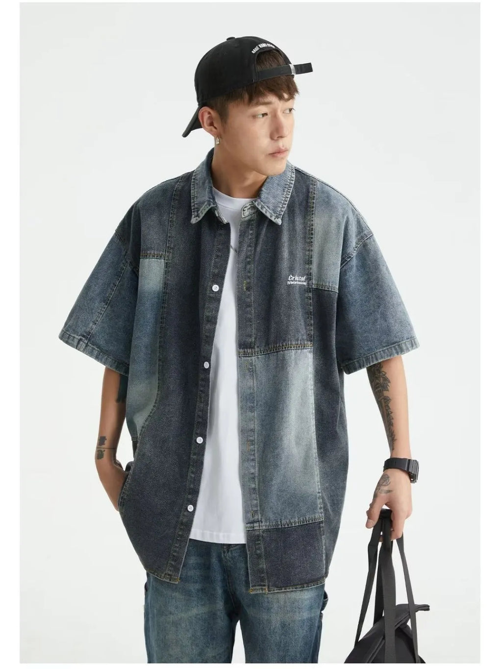 Blue Japanese-style denim shirt with retro washed stitching and loose fit cardigan design for men