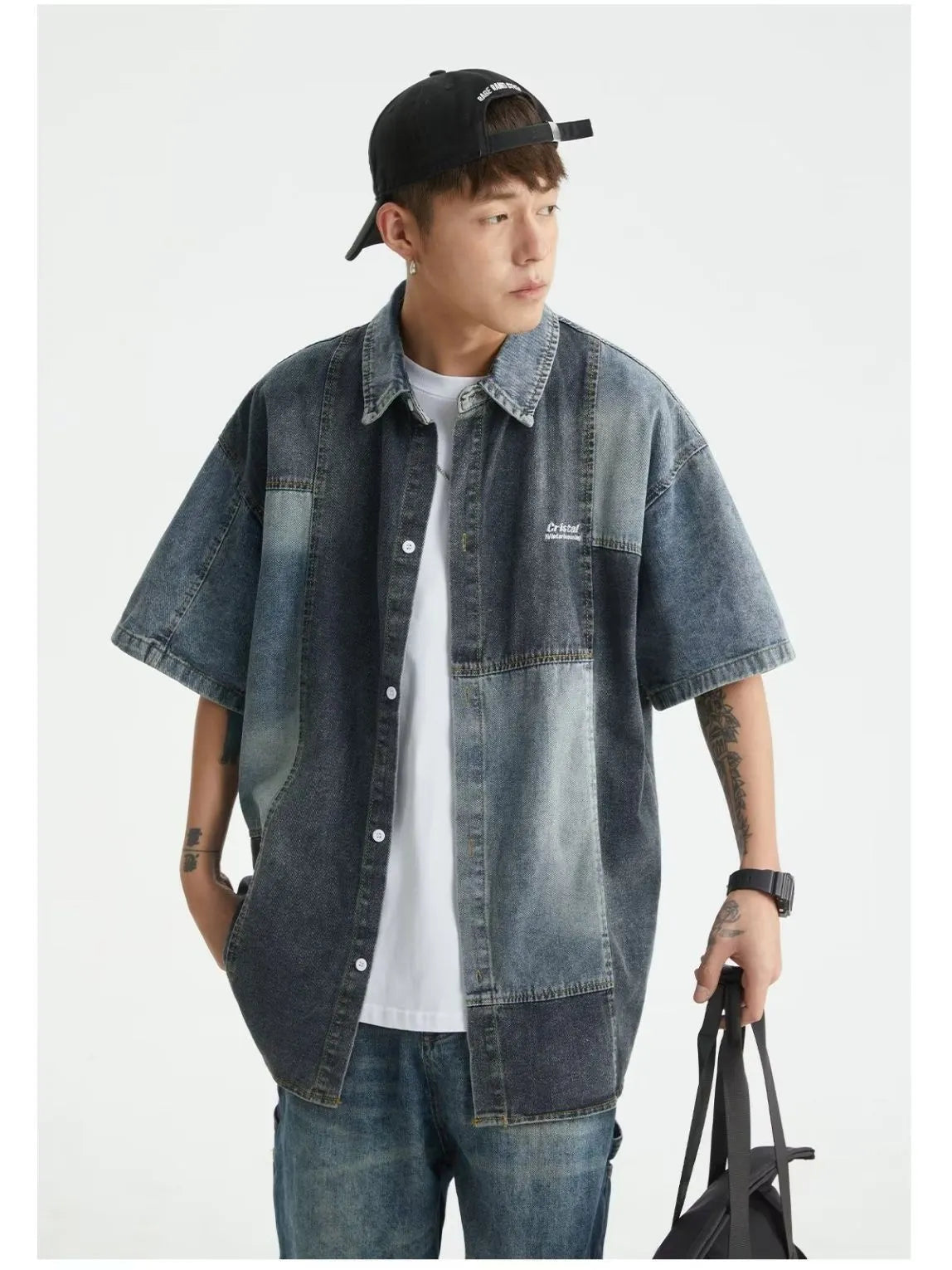 Blue Japanese-style denim shirt with retro washed stitching and loose fit cardigan design for men