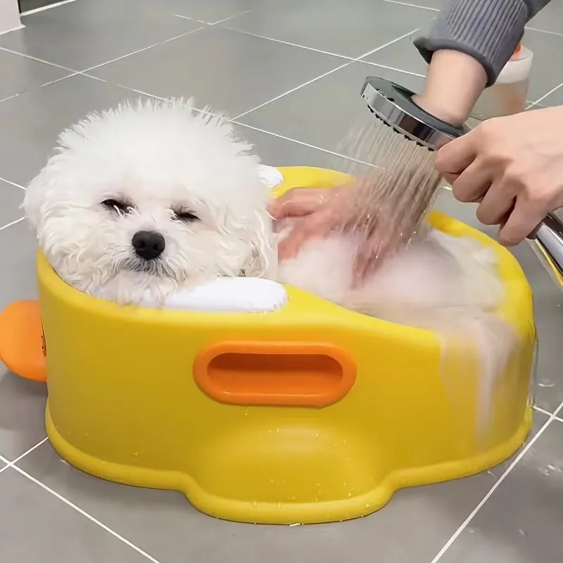 Duck-shaped PVC pet bathtub for dogs and cats in blue, pink and yellow colours