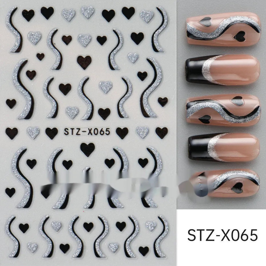 Plastic sheet of black, silver, and cartoon design nail art stickers for DIY manicures.