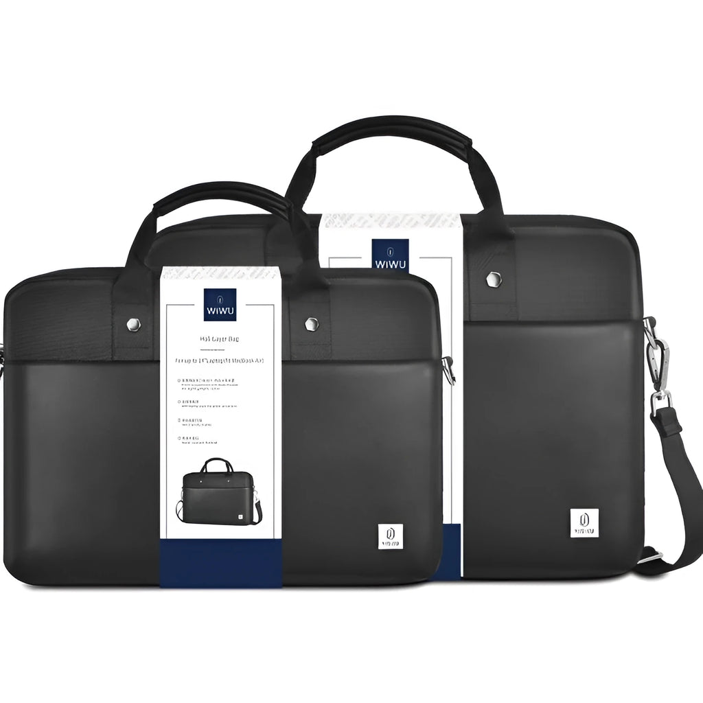 Black Oxford cloth laptop handbag with multiple internal pockets and a separate padded compartment for a 14 or 15.6 inch device.