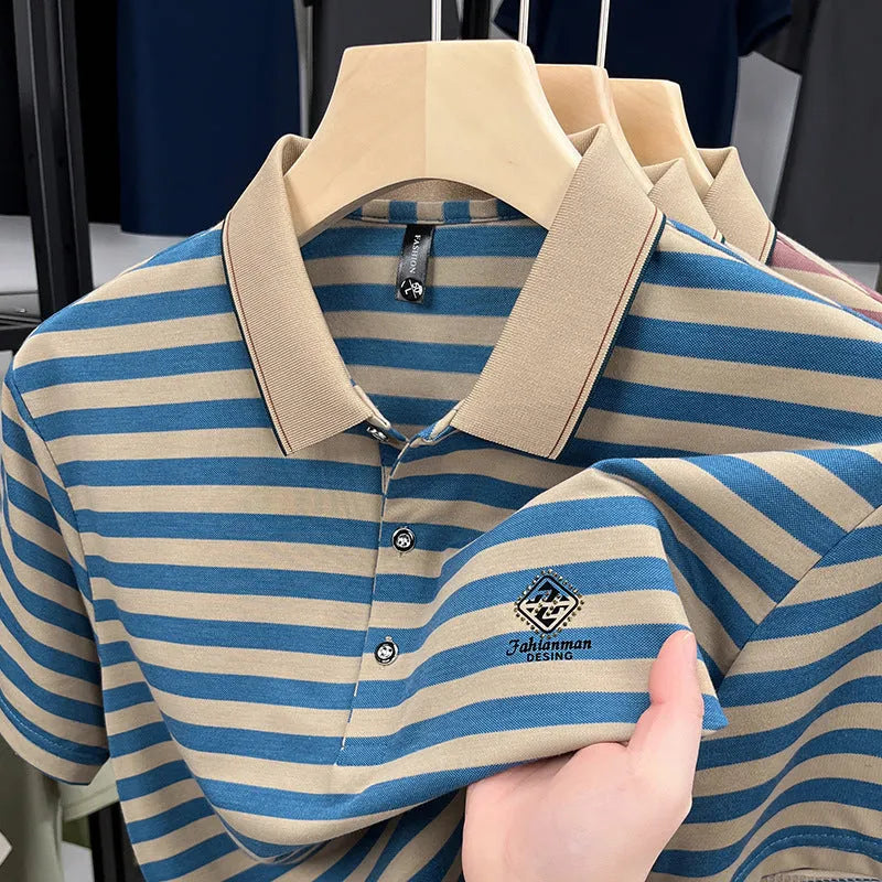 Men's striped casual short sleeve shirt in polyester available in red, blue, and green colours
